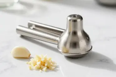 A high-quality stainless steel garlic press easy to clean on a marble countertop with fresh garlic cloves.