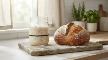 Active bubbly sourdough starter rising inside a wide-mouth glass jar on a wooden kitchen counter