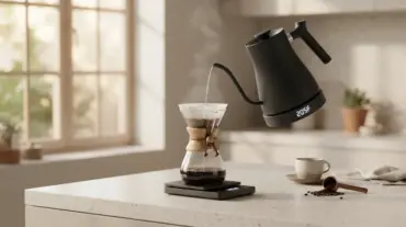 Matte black gooseneck electric kettle with temperature control base pouring water into a pour-over coffee maker.