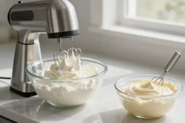 A high-powered hand mixer whisking fluffy whipped cream in a glass bowl next to smooth cake frosting.