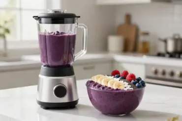 High-speed blender next to a thick acai smoothie bowl topped with fresh fruit and seeds on a marble counter.