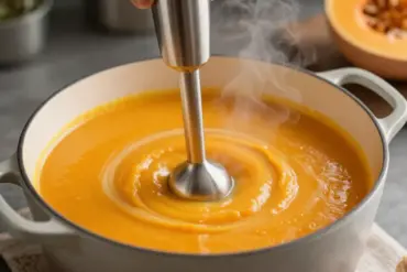 Stainless steel immersion blender puréeing a smooth creamy soup in a cooking pot