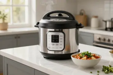 Modern stainless steel Instant Pot electric pressure cooker on a kitchen counter with fresh ingredients.