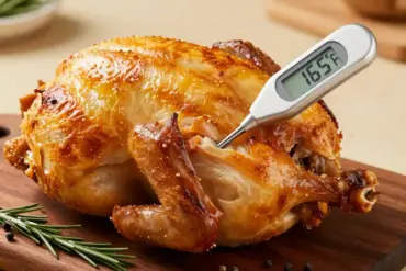 A digital instant-read meat thermometer measuring the internal temperature of a roasted chicken to ensure poultry safety.