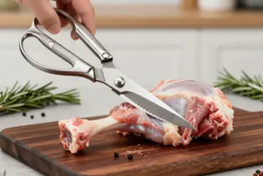 Heavy-duty stainless steel kitchen shears cutting through a raw poultry bone on a cutting board.
