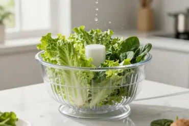 A large salad spinner drying fresh leafy greens rapidly on a kitchen counter for [nmf] [cy]