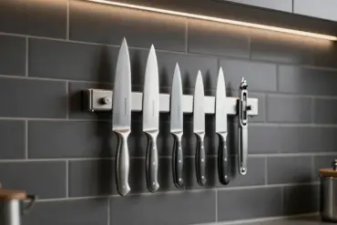 Sleek magnetic knife strip mounted on a kitchen wall securely holding professional stainless steel chef knives.