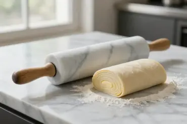 Heavy white marble rolling pin resting beside floured laminated pastry dough on a marble countertop.