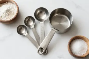 Heavy-duty stainless steel measuring cups and spoons with etched markings arranged on a white marble countertop.