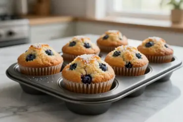A heavy-duty jumbo muffin tin filled with oversized, freshly baked bakery-style blueberry muffins.