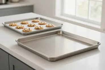 Durable, non-toxic baking sheets that won't warp laid out on a kitchen counter with freshly baked cookies.