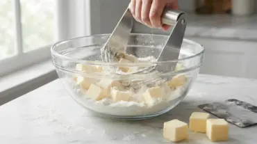 Stainless steel pastry blender cutting cold butter into flour in a glass bowl on a marble countertop.