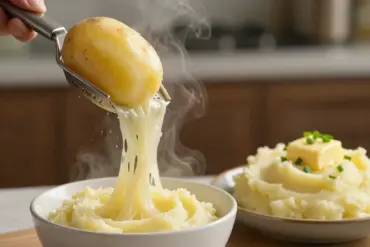 Stainless steel potato ricer pressing steamed potatoes into fine strands to make silky smooth mashed potatoes.