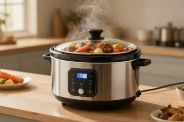 A programmable slow cooker with a digital timer filled with a hot family dinner pot roast on a kitchen counter