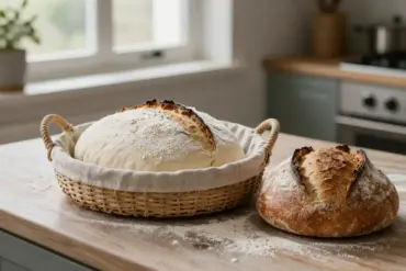 A rattan proofing basket lined with a flour-dusted cloth holding gluten-free dough beside a baked artisan bread loaf.