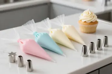 Best reusable piping bags filled with colorful frosting alongside stainless steel piping tips on a kitchen counter.