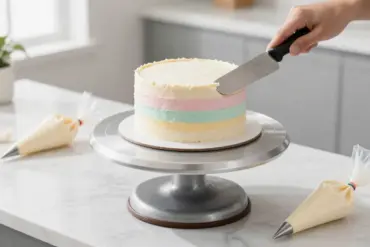 A heavy-duty revolving cake decorating turntable holding a frosted multi-layer cake on a marble kitchen counter.