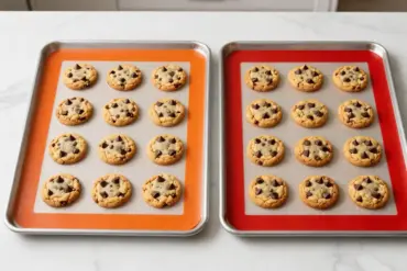 8 best silicone baking mats side-by-side on baking sheets comparing Silpat and Amazon Basics with chocolate chip cookies.