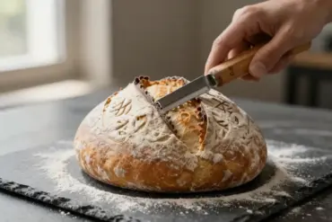 A baker using a wooden sourdough scoring lame to slice precision patterns into a round floured dough boule.