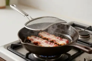 Stainless steel fine-mesh splatter screen placed over a skillet frying bacon to stop grease pops on a stovetop.