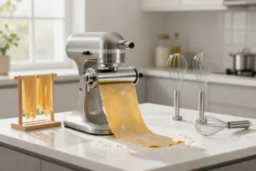 Top stand mixer attachments for pasta and baking arranged on a floured kitchen counter next to fresh homemade pasta.