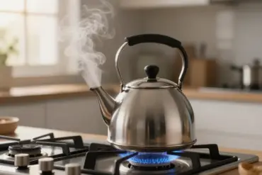 A stainless steel stovetop tea kettle boiling on a gas stove with steam blowing out of the loud whistling spout.