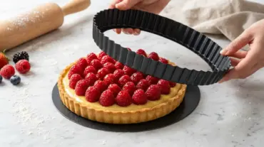 A baker lifting the outer ring of a metal tart pan with a removable bottom to reveal a fresh fruit tart.