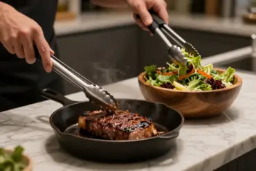 Best kitchen tongs flipping a juicy steak on a grill and tossing a fresh green salad in a bowl.