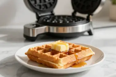 Golden-brown thick Belgian waffle with melting butter and maple syrup next to a modern Belgian waffle maker.