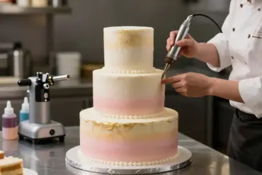 Professional airbrush kit spraying edible dye onto a multi-tiered decorated cake on a bakery counter.
