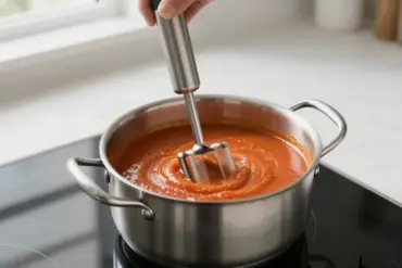 An automatic pan stirrer mixing a simmering sauce inside a stainless steel pot on a stove.