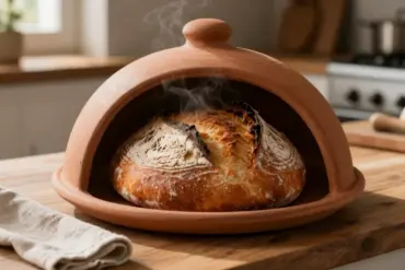 A terracotta ceramic bread cloche holding a freshly baked, crispy sourdough loaf with flour dusting on a wooden table.