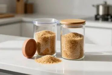 Selection of the best canisters for brown sugar with airtight seals keeping brown sugar soft on a bright kitchen counter.
