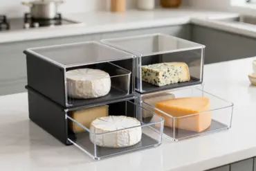 Silicone cheese vault and clear cheese storage boxes keeping fresh artisan cheese organized on a kitchen counter.