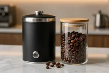 Airtight coffee bean storage canisters filled with whole roasted coffee beans on a kitchen countertop.