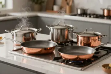 A premium copper core cookware set displayed on a modern kitchen counter highlighting even heating technology.