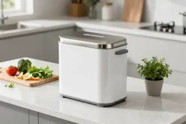 Odorless stainless steel countertop compost bin on a clean kitchen counter next to fresh food scraps.