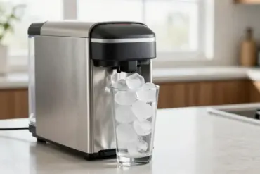 Top countertop nugget ice maker dispensing soft Sonic-style pebble ice into a glass on a modern kitchen counter Top countertop nugget ice maker dispensing soft Sonic-style pebble ice into a glass on a modern kitchen counter
