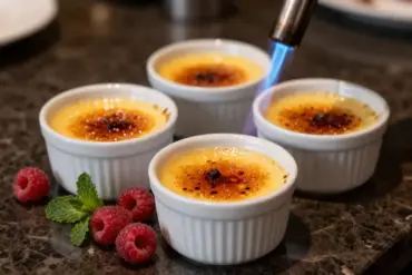 Shallow ceramic creme brulee ramekins being caramelized with a culinary torch on a marble counter.
