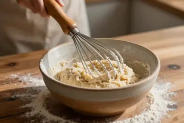 A Danish dough whisk mixing sourdough bread dough in a ceramic bowl on a floured countertop.