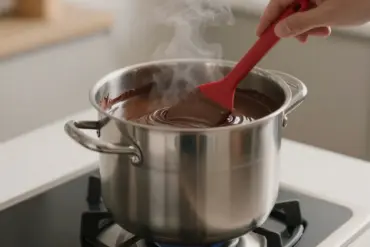 A stainless steel double boiler safely melting glossy dark chocolate on a kitchen stovetop.