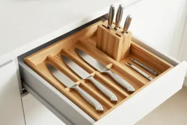 An open kitchen drawer featuring a bamboo drawer organizer with neatly stored kitchen knives.