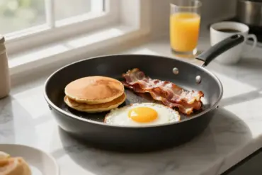 Large electric skillet cooking a family Sunday breakfast with fluffy pancakes, bacon, and fried eggs on a kitchen counter.