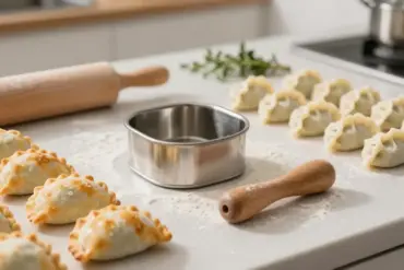 Stainless steel and wooden empanada and dumpling makers on a floured kitchen counter with freshly made dough and pastries.