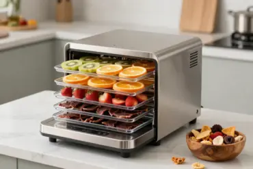 Stainless steel food dehydrator on a kitchen counter with transparent trays containing dried fruit slices and beef jerky.