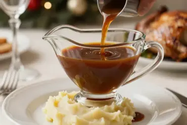 Clear glass gravy boat with a built-in fat separator pouring smooth gravy over roasted turkey and mashed potatoes.