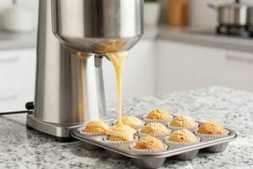 A heavy-duty stainless steel muffin batter dispenser precisely filling a baking pan in a modern kitchen.