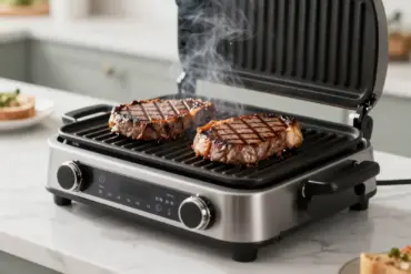Juicy ribeye steak with grill marks sizzling on an indoor smokeless grill on a kitchen counter.