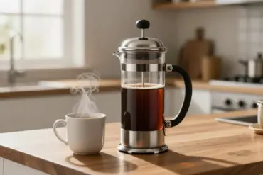 Stainless steel double-wall insulated French press and steaming coffee mug on an oak kitchen counter.