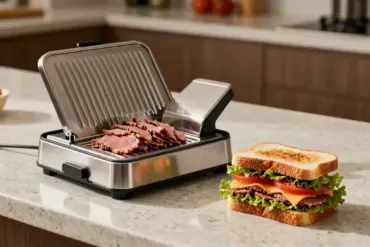 An electric home meat slicer slicing thin deli meat next to a stacked homemade sandwich on a kitchen counter.